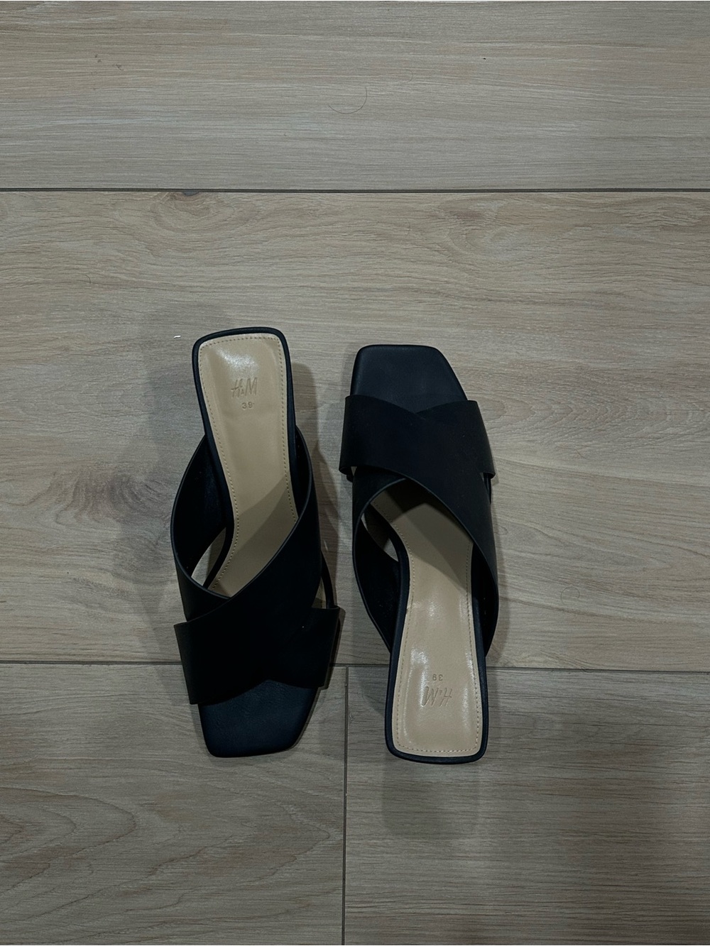 H&M Black Cross-Strap Square-Toe Slide Mules